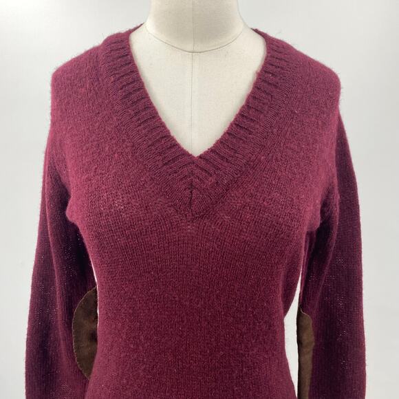 Vintage 60s Hudsons Detroit Sweater Shetland Wool V Neck Elbow Patches Burgundy - Picture 4 of 13